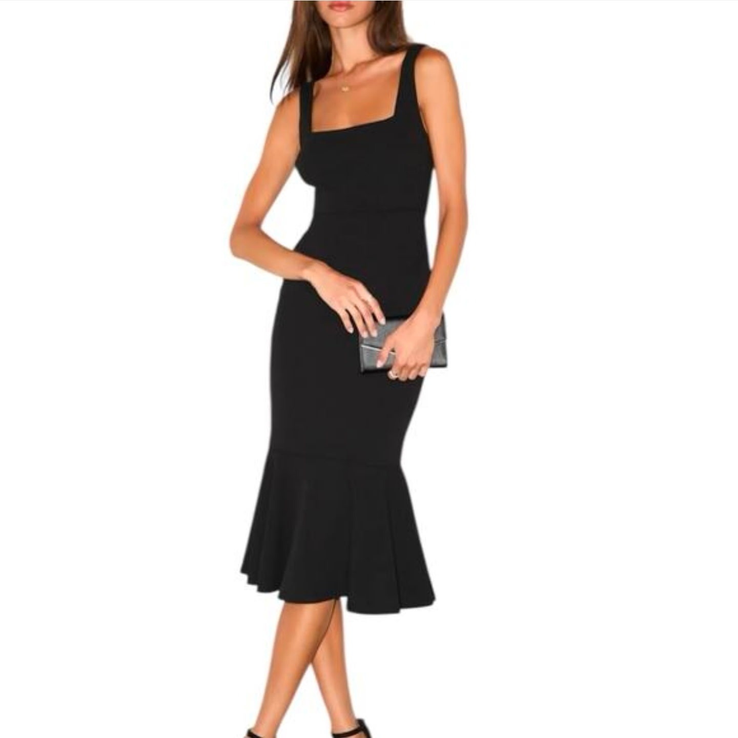 Lulus Mermaid Midi Dress Large Black Crepe Knit Elegant Cocktail Whimsigoth Lbd